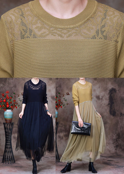 Stylish Yellow O-neck Tulle Patchwork Knit Dress Long Sleeve