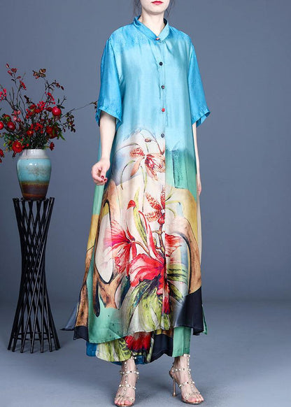 Blue Print Long Silk Two Pieces Set Summer