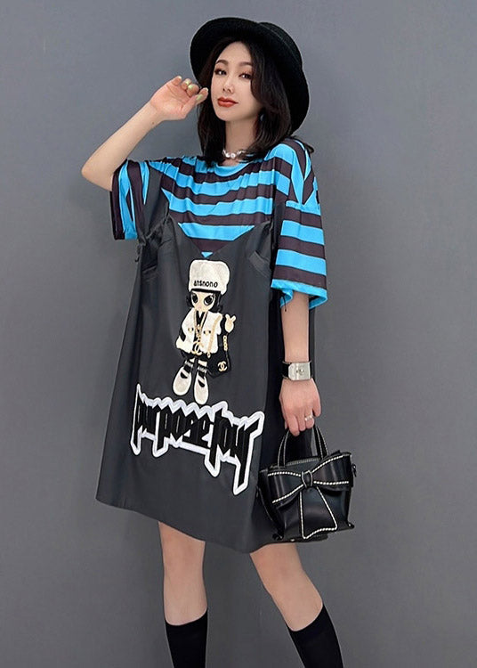 Style Dark Grey O-neck Cartoon Print Striped Patchwork Dresses Short Sleeve