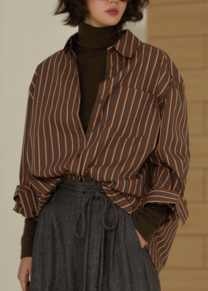 Coffee Peter Pan Collar Striped Cotton Shirt Top Fall