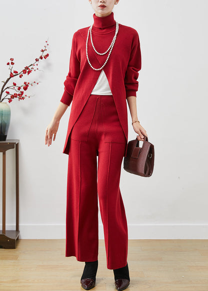 Red Turtle Neck Side Open Original Design Knit Two Pieces Set Spring