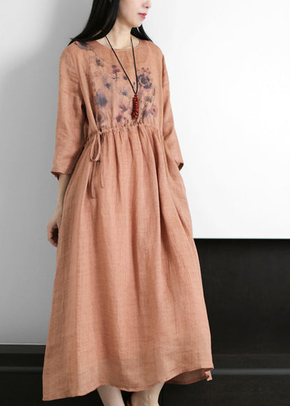 Red O-neck Drawstring Print Linen Dresses Long Sleeve
