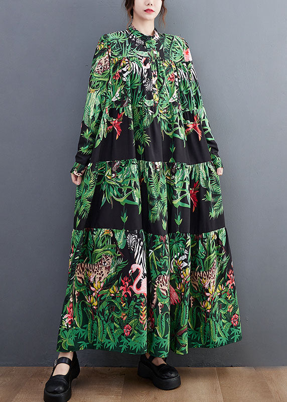 Green Oversized Patchwork Exra Large Hem Cotton Holiday Dress Spring