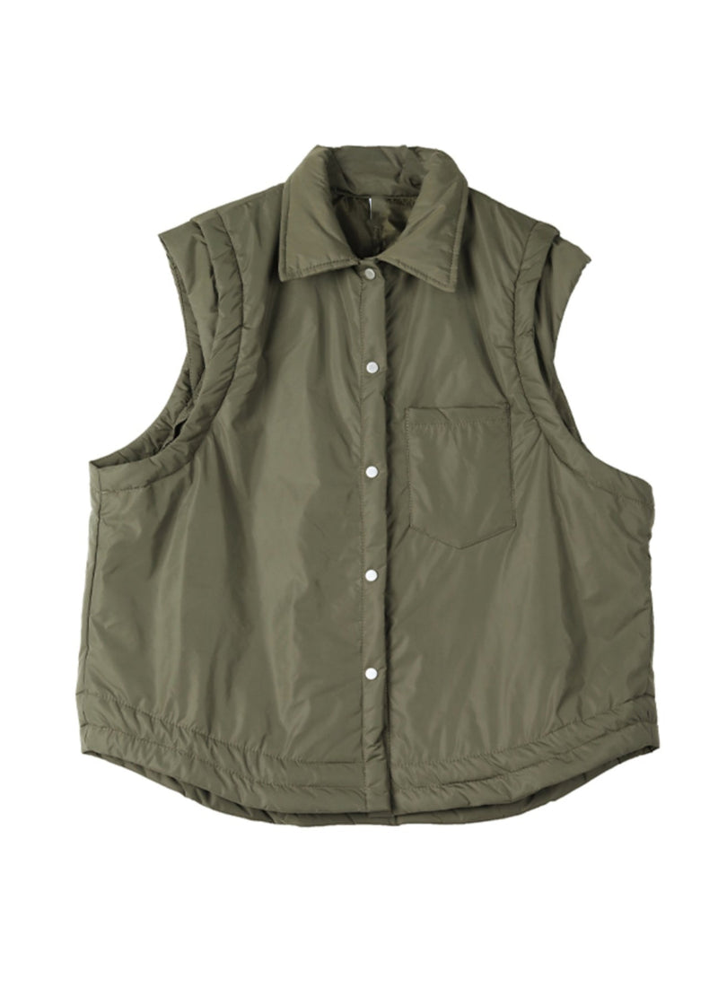 Army Green Peter Pan Collar Fine Cotton Filled Vest Sleeveless