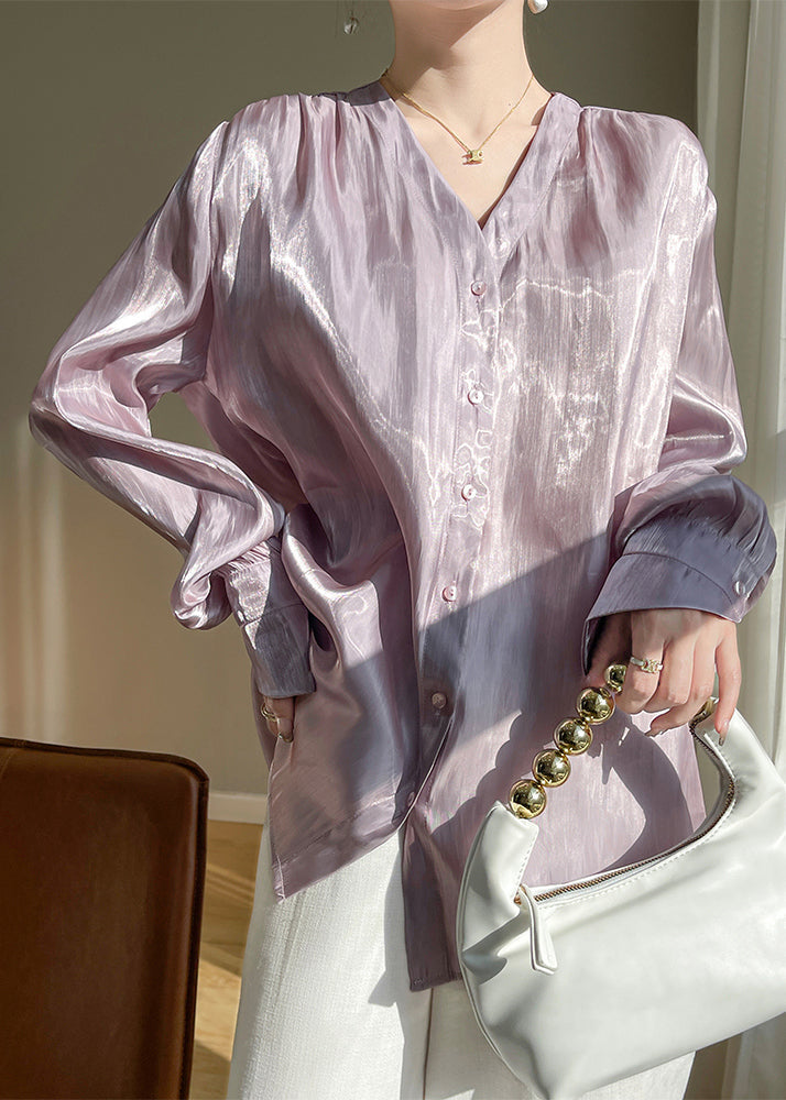 Loose Purple V Neck Silk Shirt Long Sleeve