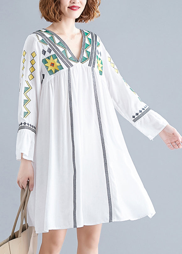 White Embroideried Vacation Dress Long Sleeve