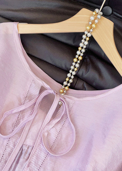 Loose Purple Lace Up Hollow Out Cotton Blouses Fall