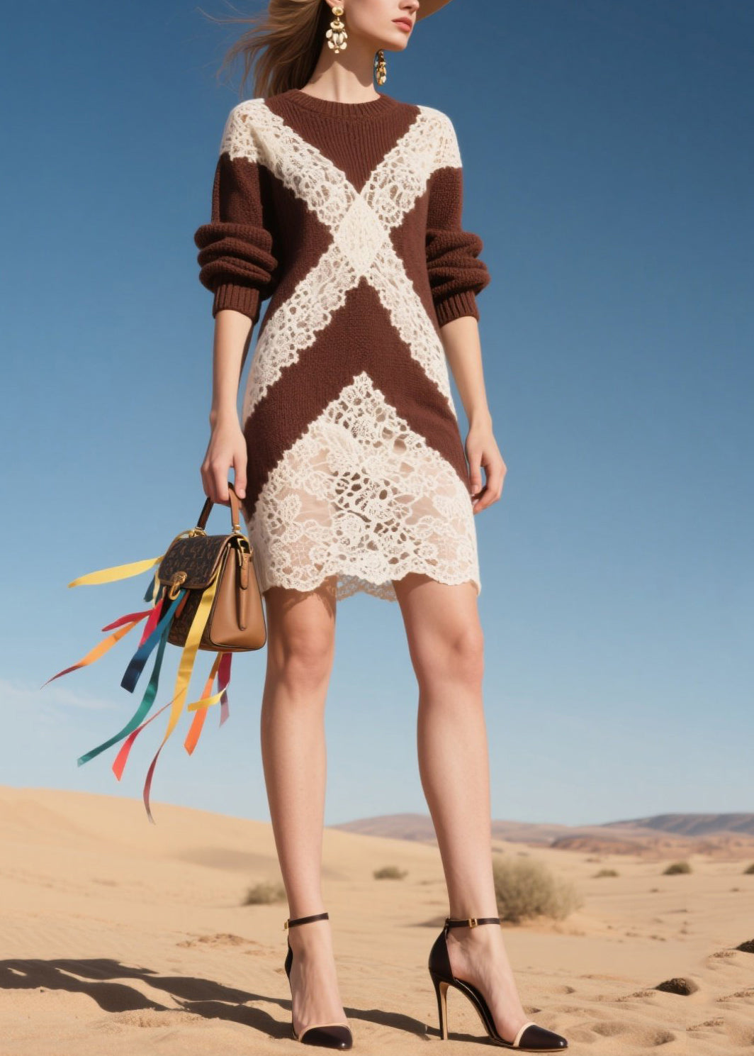 Chocolate Hollow Out Patchwork Lace Knit Mid Dress Fall