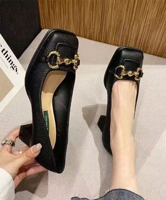 French Black Faux Leather Sequined Splicing Chunky High Heels