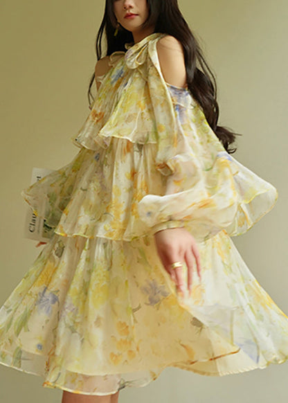 Yellow Turtleneck Cold Shoulder Party Maxi Cake Dress Fall