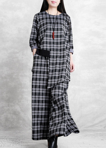 Handmade Black White Plaid O-neck Asymmetrical Top and Wide Leg Pants Two Pieces Set Spring