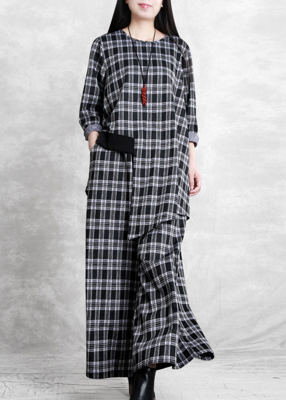 Handmade Black White Plaid O-neck Asymmetrical Top and Wide Leg Pants Two Pieces Set Spring