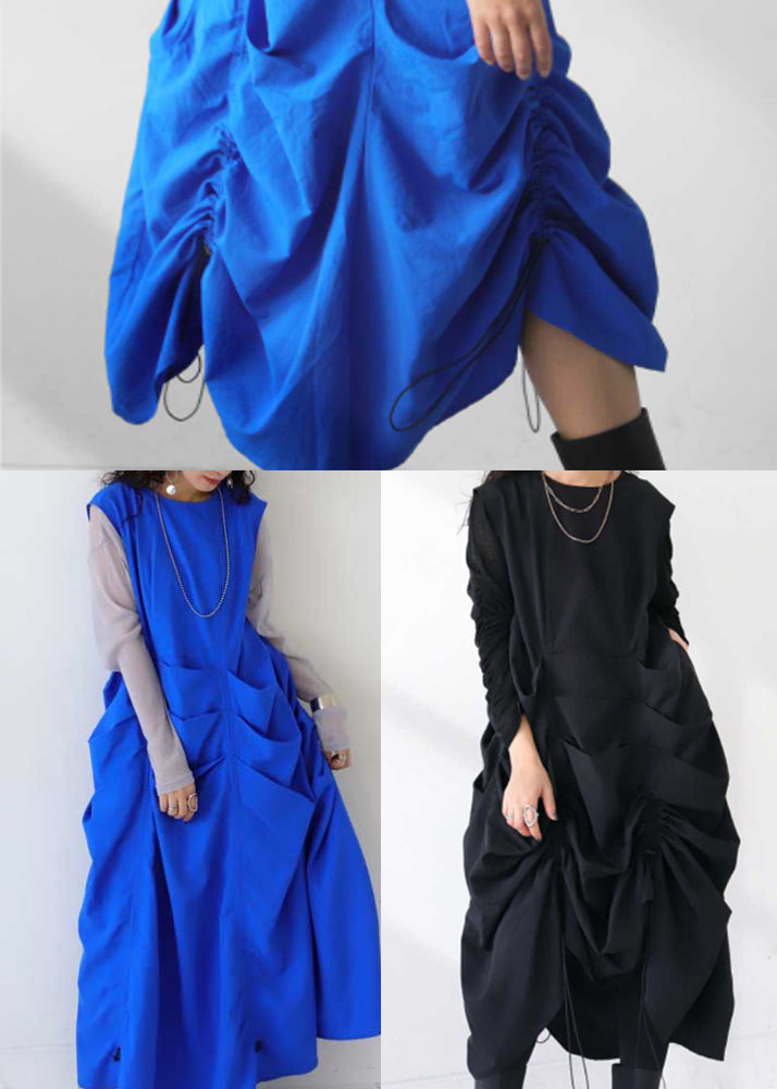 Black Cotton Robe Dresses Drawstring Wrinkled Sleeveless Fall