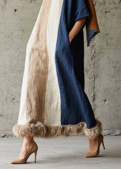 Colorblock Fuzzy Fur Fluffy Patchwork Cotton Long Dresses Fall