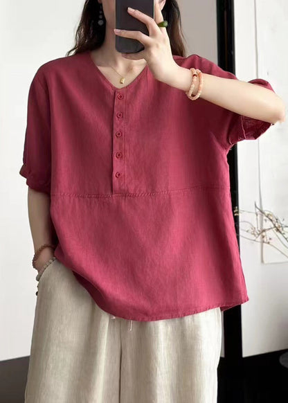 Rose Button Patchwork Loose Linen Summer Shirts V Neck