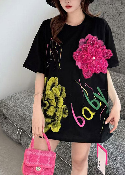 Black Graffiti Print Cotton Tanks Decorated Summer