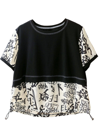 Classy Black White Patchwork O-neck Letter Print Fake Two Piece Top Summer