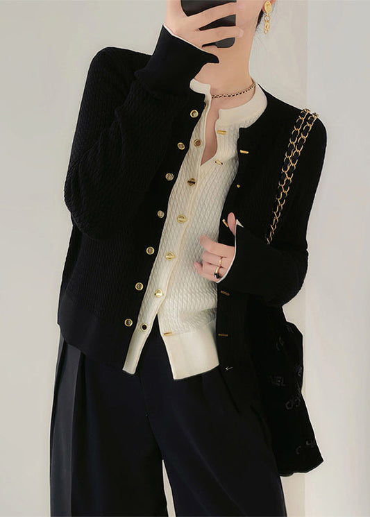 Black O Neck Button Patchwork Knit Cardigan Fall