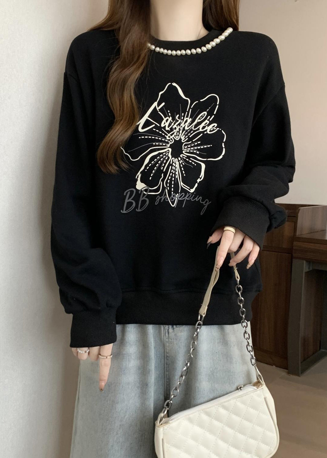 Loose Black O-neck Pearl Print Cotton Sweatshirts Fall