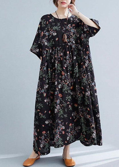 Black Print O-neck Patchwork Summer Robe Dresses Half Sleeve