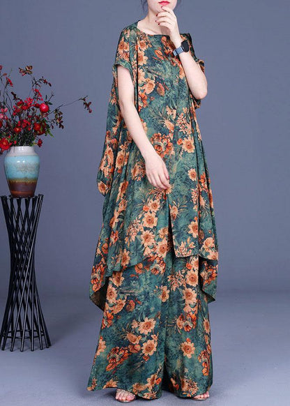 Green Print Asymmetrical Design Silk Wide Leg Two Piece Set Outfits