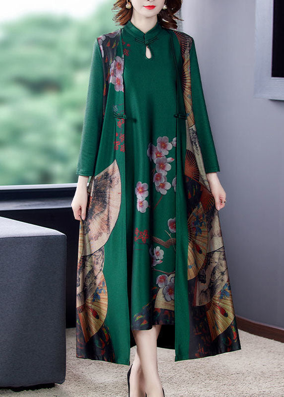 Green Print Chinese Button Silk Fake Two Piece Oriental Dresses Spring