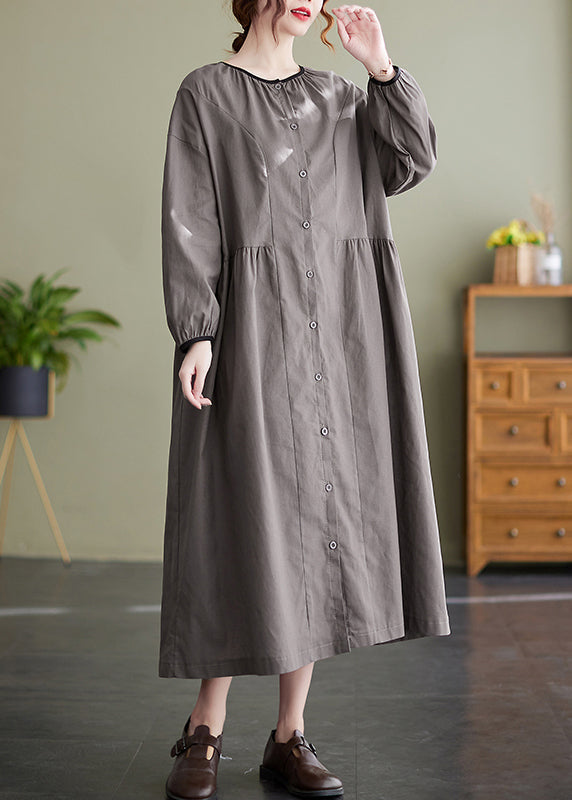 Italian Grey O-neck Button Cinched Long Dress Long Sleeve