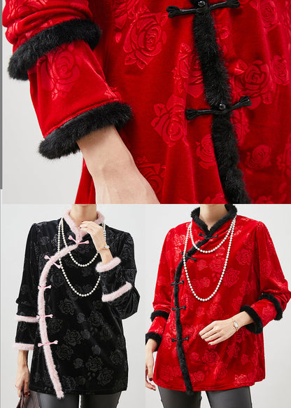 Chinese Style Black Jacquard Patchwork Silk Velour Blouses Spring