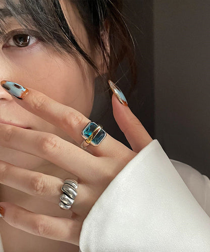 Blue Sterling Silver Square Gem Stone and Wrinkled Two Piece Set Rings