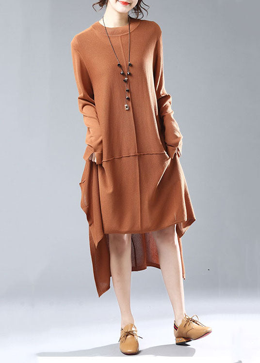 Simple Caramel O Neck Low High Design Patchwork Knit Knitwear Dress Spring