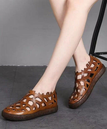 Splicing Hollow Out Flat Sandals Brown Cowhide Leather