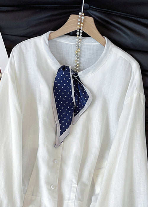 Stylish White Bow Button Cotton Blouses Fall
