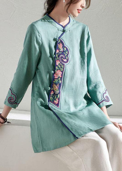 Natural Green Embroideried Button Spring Summer Linen Tops