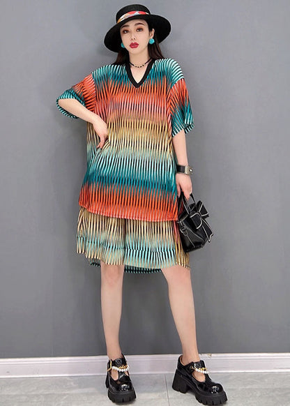 Red Striped Print Cotton Sets Two Pieces Low High Design Summer