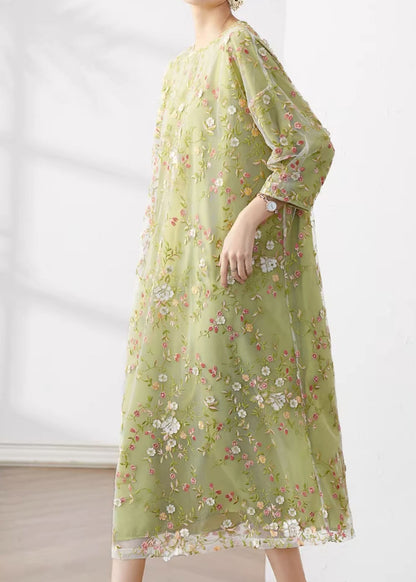 Original Green O-neck Embroideried Patchwork Tulle Dress Fall