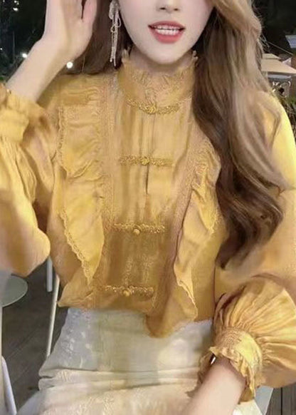 Organic Yellow Stand Collar Button Ruffled Tops Lantern Sleeve