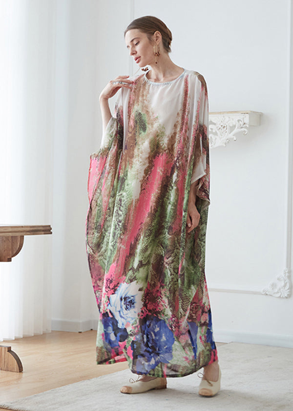 O Neck Print Chiffon Vacation Long Dresses Batwing Sleeve Summer