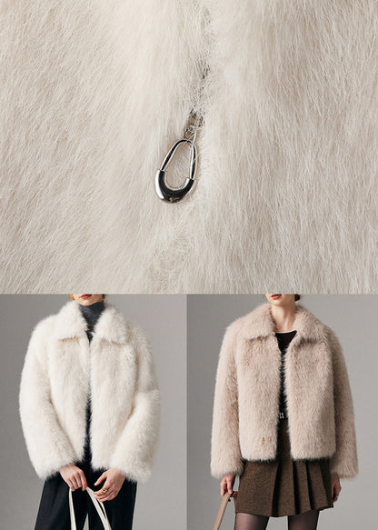 White Peter Pan Collar Zippered Leather and Fur Coats Winter