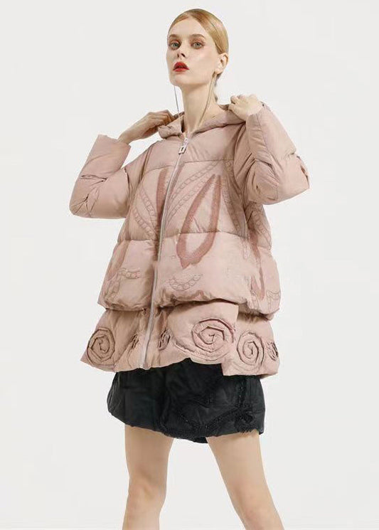 Pink Hooded Embroidery Patchwork Duck Down Coat Winter