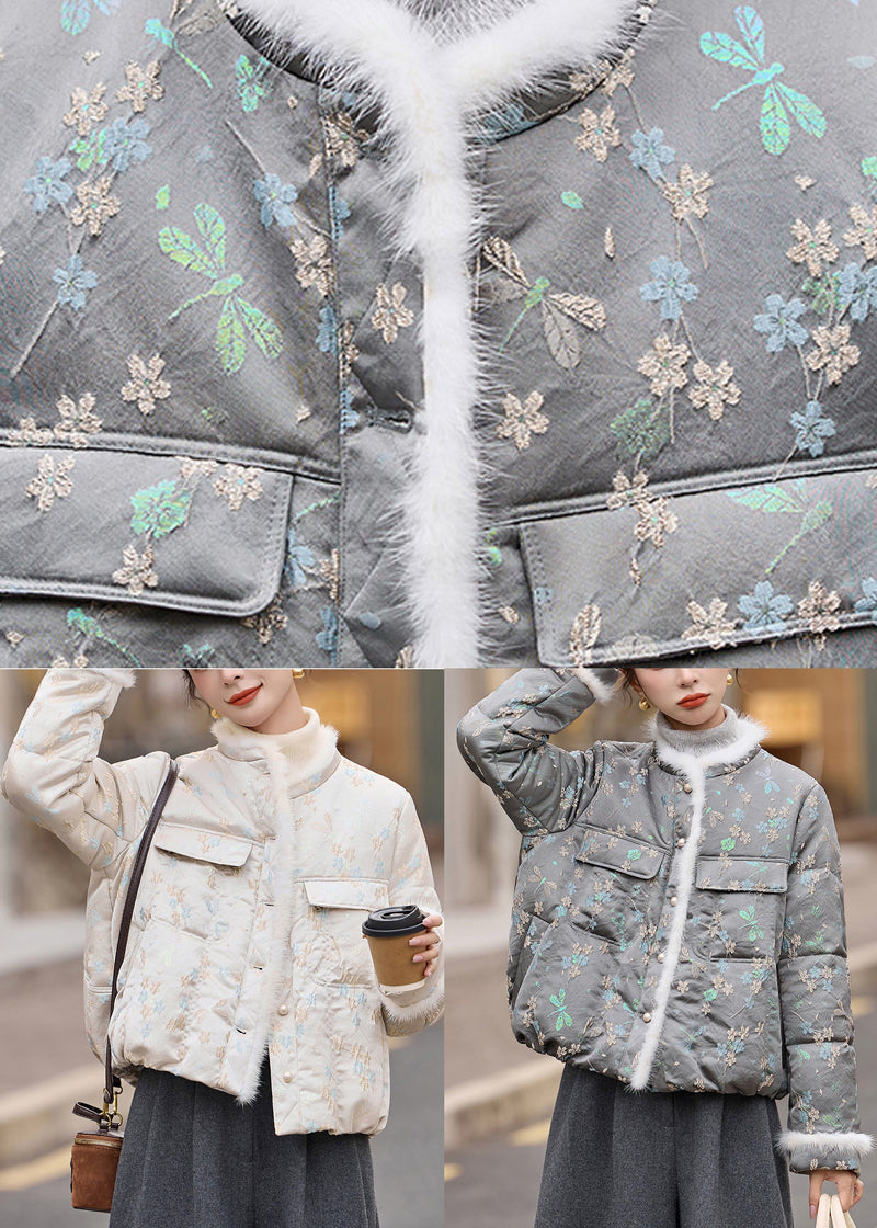 Grey O Neck Jacquard Duck Down Winter Coats