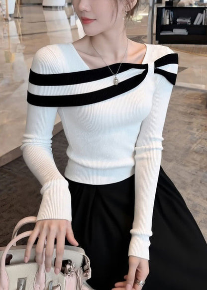 Slim Fit White Striped Patchwork Knit Sweaters Spring