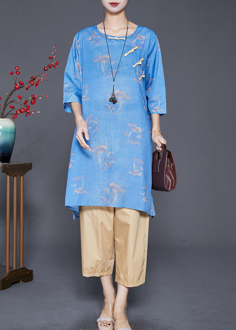 Blue Print Chinese Button Linen 2 Piece Outfit Fall