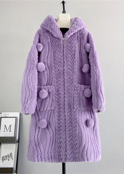 Loose Beige Zip Up Fuzzy Ball Decorated Mink Velvet Hoodie Coat Winter