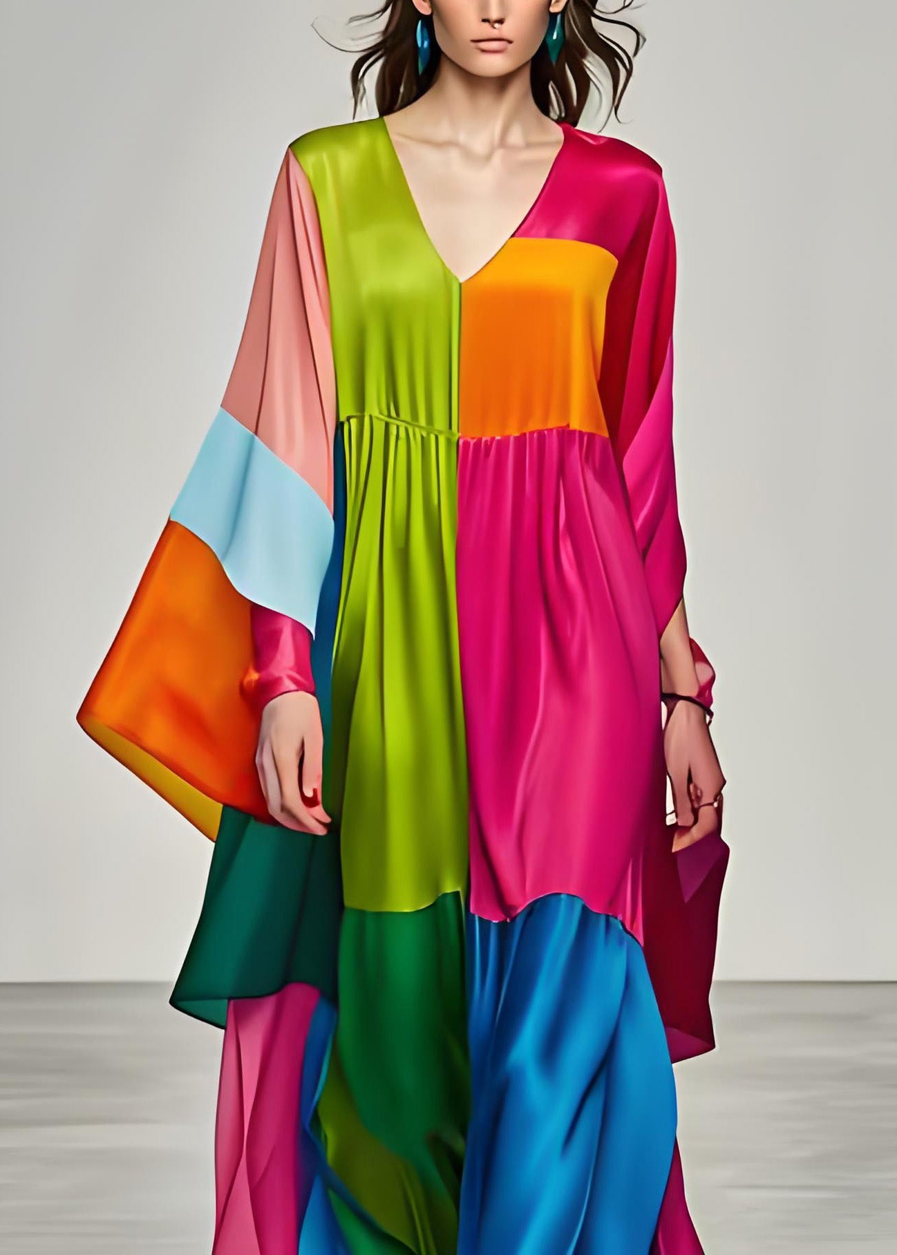 Colorblock V Neck Patchwork Silk Long Dress Summer