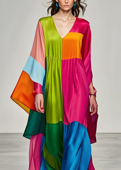 Colorblock V Neck Patchwork Silk Long Dress Summer