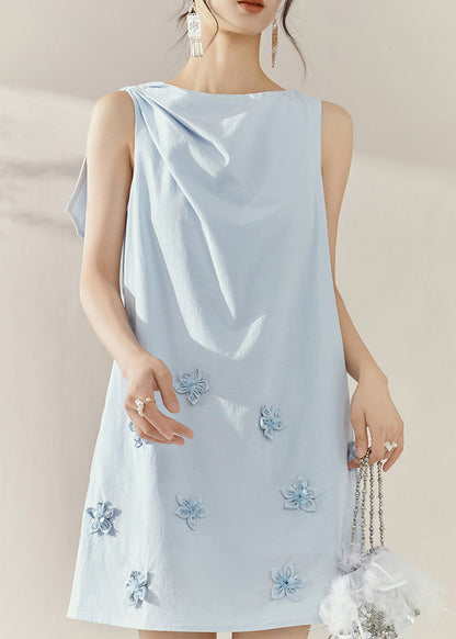 French Blue Asymmetrical Wrinkled Nail Bead Mid Dresses Sleeveless