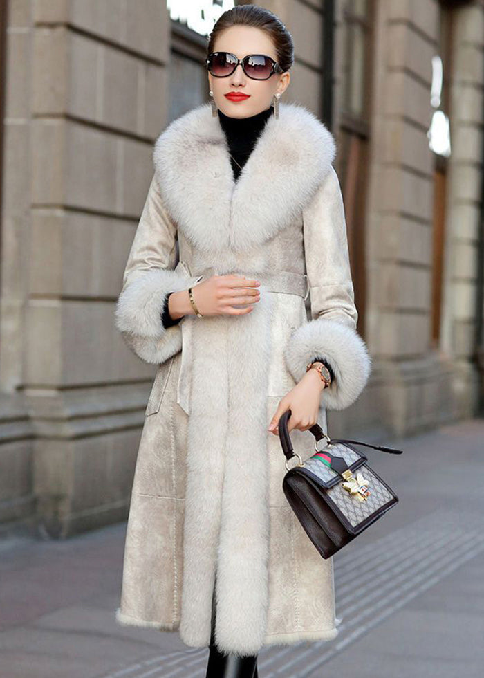 Khaki Fox Collar Cinched Fuzzy Rabbit Leather and Fur Coats Winter