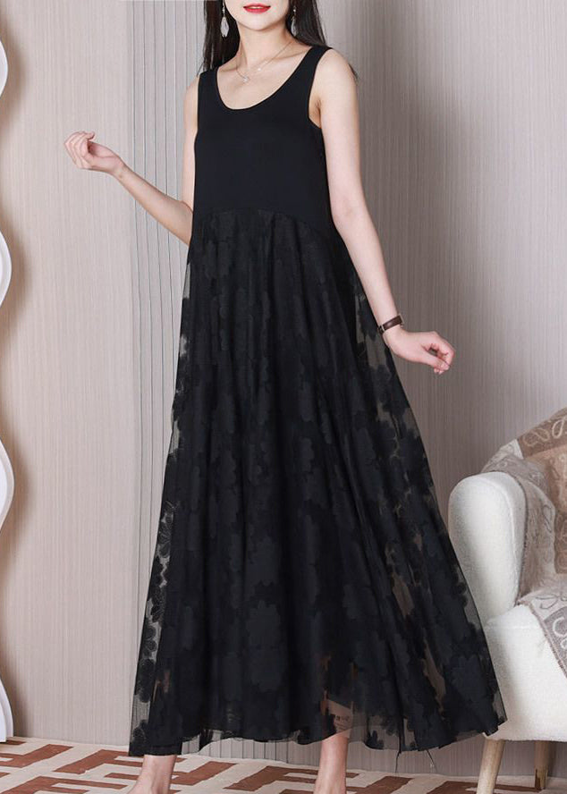 Black O Neck Patchwork Cotton Dresses Sleeveless