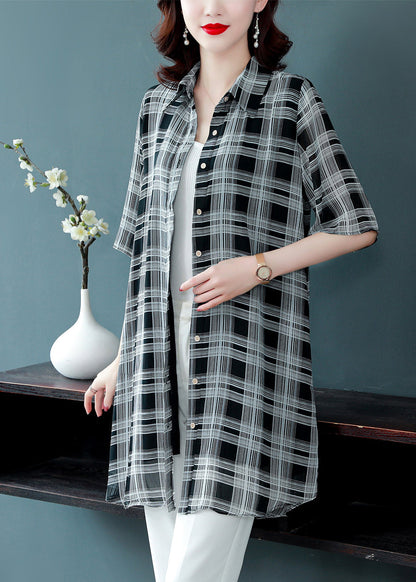 Classy Peter Pan Collar Button Wrinkled Plaid Chiffon Blouses Half Sleeve