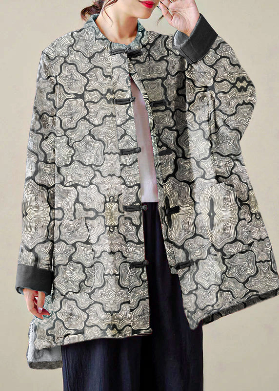 Organic Black Texture Oversized Print Fine Cotton Filled Coat Outwear Winter